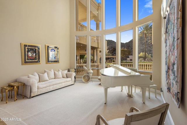 11809 S Montezuma Ct, Phoenix, AZ 85044 - living room with a mountain view, carpet flooring, a high ceiling, and baseboards