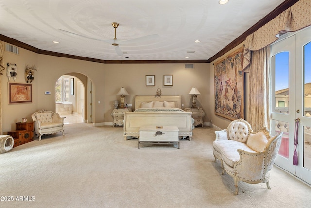 11809 S Montezuma Ct, Phoenix, AZ 85044 - bedroom with arched walkways, light colored carpet, ornamental molding, baseboards, and recessed lighting