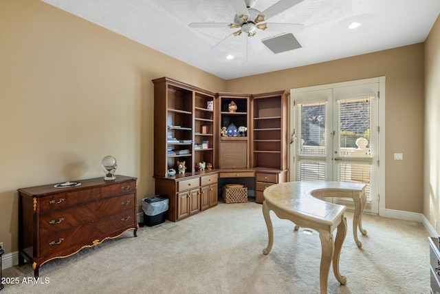 11809 S Montezuma Ct, Phoenix, AZ 85044 - office area with light colored carpet, ceiling fan, baseboards, french doors, and recessed lighting
