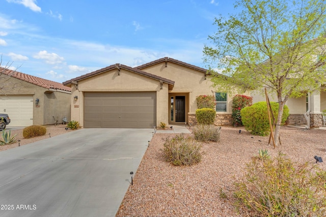 696 W Glen Canyon Dr, San Tan Valley, AZ 85140 - view of front of home with stucco siding, a tiled roof, concrete driveway, and a garage