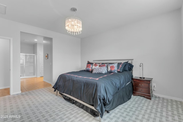 696 W Glen Canyon Dr, San Tan Valley, AZ 85140 - carpeted bedroom with ensuite bath, baseboards, and an inviting chandelier