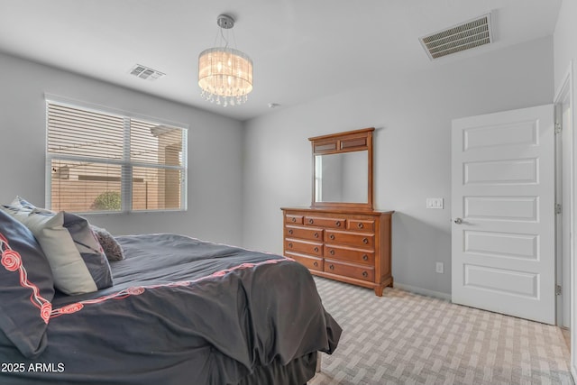 696 W Glen Canyon Dr, San Tan Valley, AZ 85140 - carpeted bedroom featuring visible vents, baseboards, and a notable chandelier