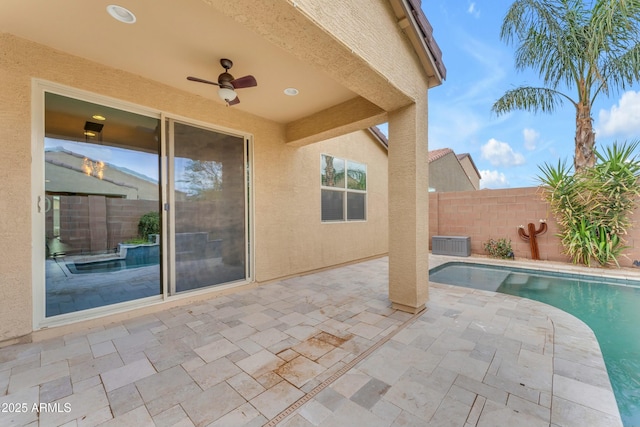 696 W Glen Canyon Dr, San Tan Valley, AZ 85140 - view of patio with a fenced in pool, a ceiling fan, and a fenced backyard