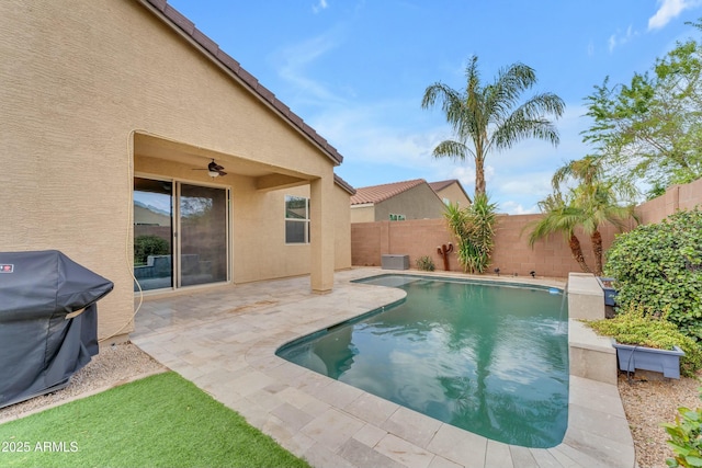 696 W Glen Canyon Dr, San Tan Valley, AZ 85140 - view of pool featuring area for grilling, central AC, a fenced backyard, a fenced in pool, and a patio area