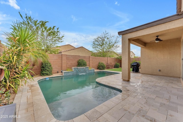 696 W Glen Canyon Dr, San Tan Valley, AZ 85140 - view of swimming pool with a fenced in pool, a fenced backyard, area for grilling, a ceiling fan, and a patio