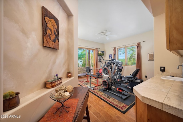 workout room featuring ceiling fan and sink