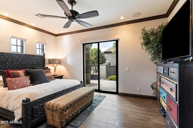 bedroom featuring wood-type flooring, ornamental molding, access to outside, and ceiling fan