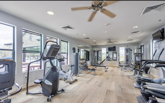 workout area with a wealth of natural light and ceiling fan