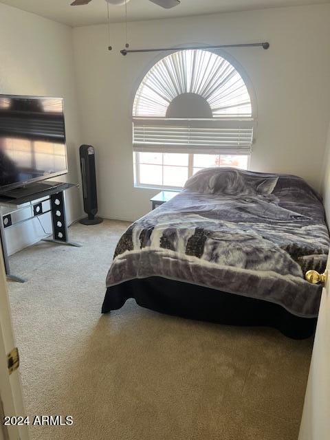 bedroom with ceiling fan and carpet floors