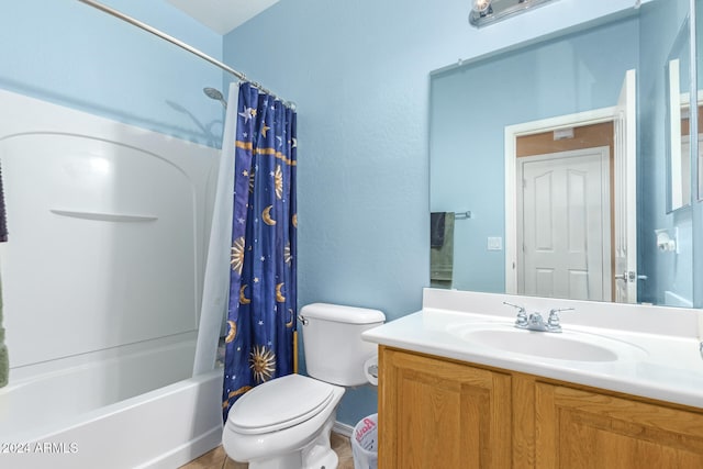 full bathroom with vanity, shower / bath combo with shower curtain, and toilet