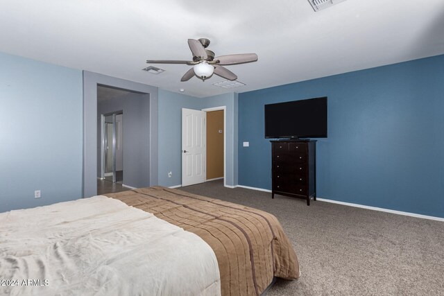 carpeted bedroom featuring ceiling fan