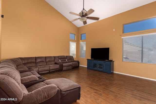 living room with dark hardwood / wood-style floors, high vaulted ceiling, and ceiling fan