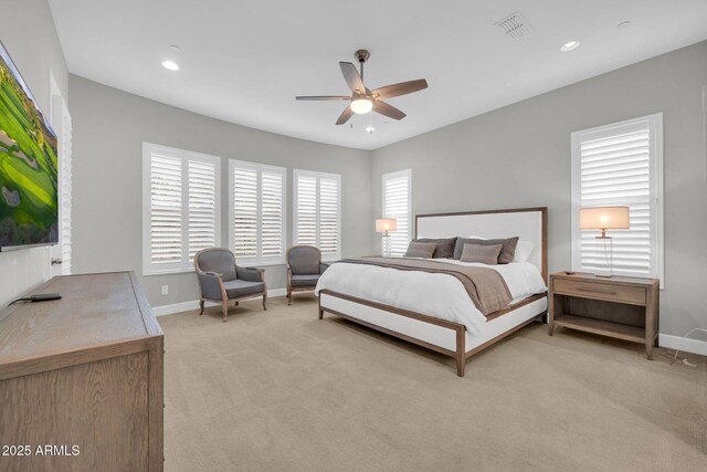 17565 E Blaze Ln, Rio Verde, AZ 85263 - bedroom featuring light carpet, baseboards, ceiling fan, and recessed lighting