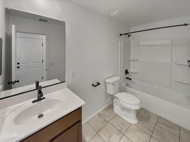 full bath featuring tile patterned flooring, toilet, vanity, visible vents, and shower / washtub combination