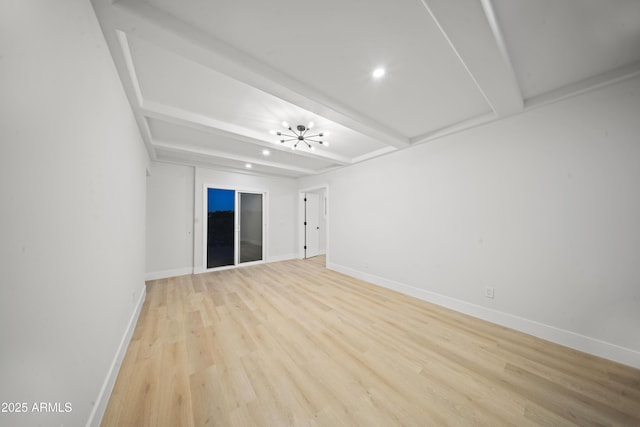 15641 E Sycamore Dr, Fountain Hills, AZ 85268 - unfurnished room with beamed ceiling, light wood-style flooring, baseboards, a chandelier, and recessed lighting