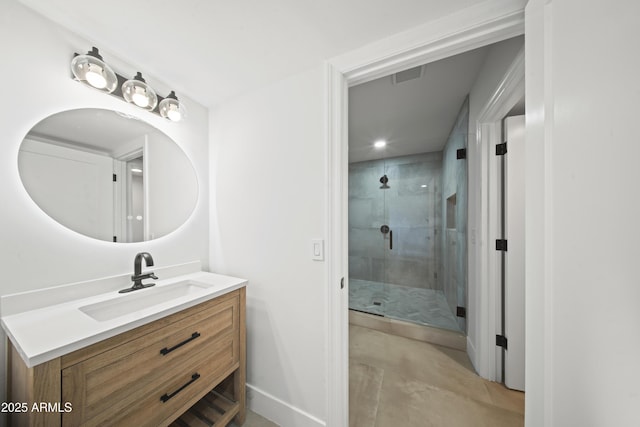 15641 E Sycamore Dr, Fountain Hills, AZ 85268 - full bathroom with baseboards, a shower stall, vanity, and recessed lighting