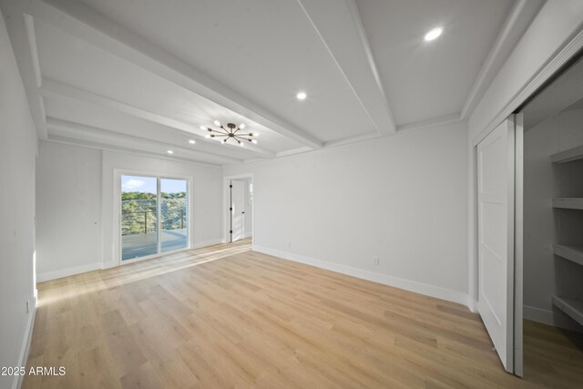 15641 E Sycamore Dr, Fountain Hills, AZ 85268 - unfurnished living room featuring beam ceiling, a chandelier, recessed lighting, baseboards, and light wood-style flooring