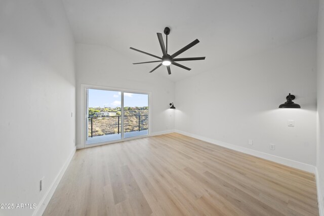 15641 E Sycamore Dr, Fountain Hills, AZ 85268 - empty room with ceiling fan, baseboards, light wood-style flooring, and high vaulted ceiling
