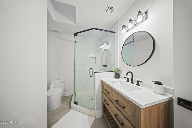 15641 E Sycamore Dr, Fountain Hills, AZ 85268 - bathroom with vanity, toilet, a stall shower, and finished concrete floors