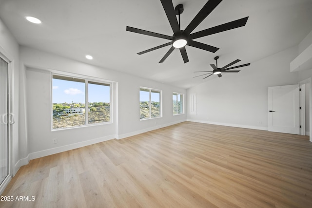 15641 E Sycamore Dr, Fountain Hills, AZ 85268 - empty room featuring a ceiling fan, recessed lighting, baseboards, light wood-style floors, and lofted ceiling