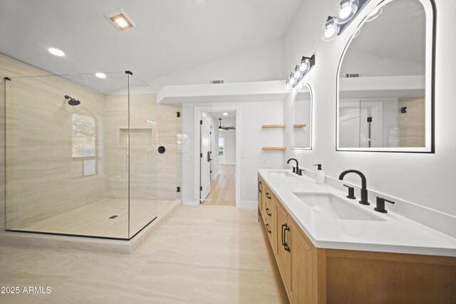 15641 E Sycamore Dr, Fountain Hills, AZ 85268 - bathroom with a stall shower, double vanity, recessed lighting, and vaulted ceiling