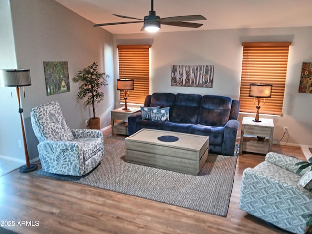 living room with ceiling fan and wood-type flooring