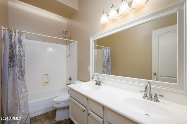 full bathroom with vanity, toilet, and shower / bathtub combination with curtain