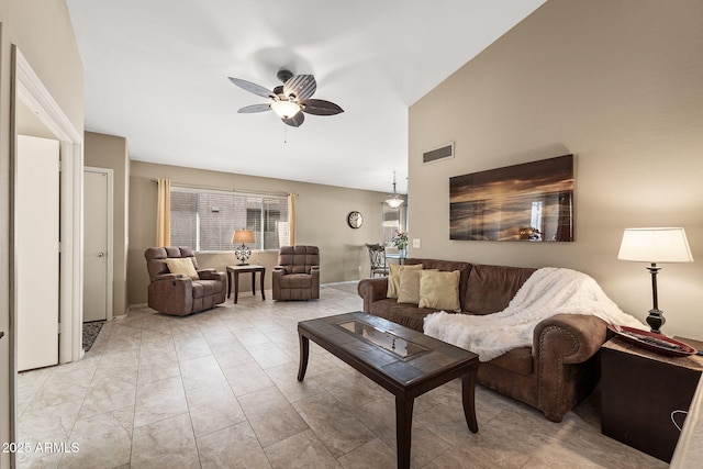 living room featuring visible vents and a ceiling fan