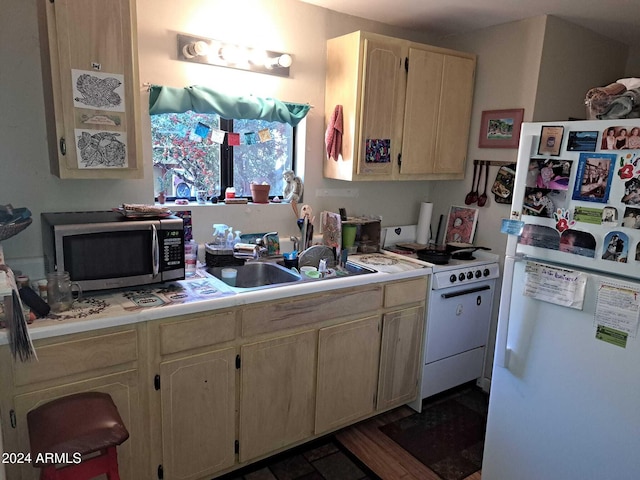 kitchen featuring light countertops, dark wood finished floors, a sink, and white appliances