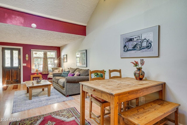 living room featuring a textured ceiling, vaulted ceiling, and light wood-type flooring