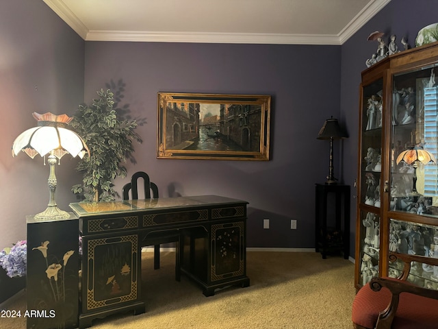 office space featuring light colored carpet and crown molding