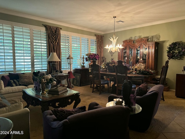 tiled living room with a chandelier and ornamental molding