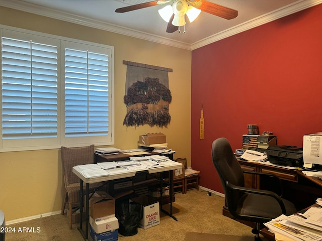 carpeted home office featuring ceiling fan and ornamental molding