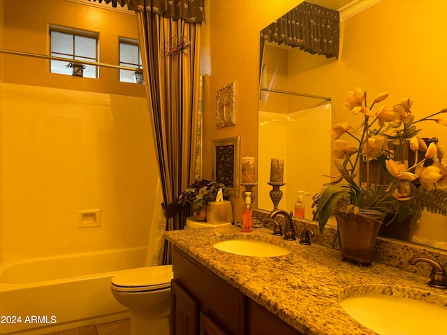 full bathroom featuring tile patterned flooring, crown molding, toilet, shower / bath combo with shower curtain, and vanity