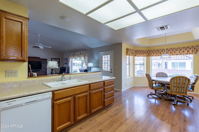 kitchen with pendant lighting, sink, dishwasher, a healthy amount of sunlight, and light wood-type flooring