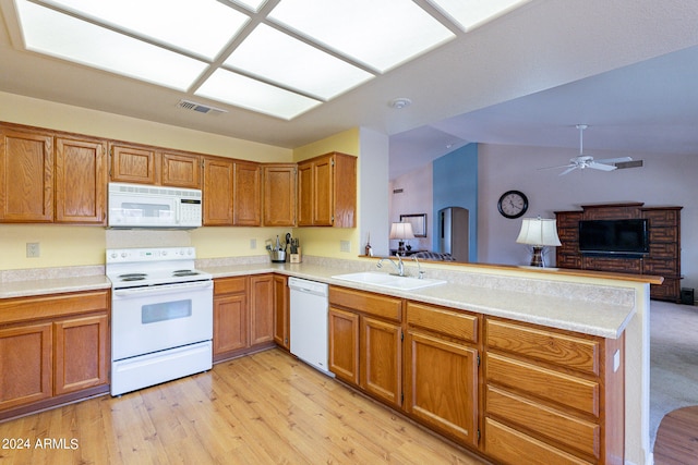 kitchen featuring lofted ceiling, sink, white appliances, kitchen peninsula, and ceiling fan