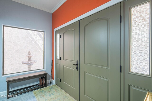 foyer entrance with ornamental molding and a healthy amount of sunlight