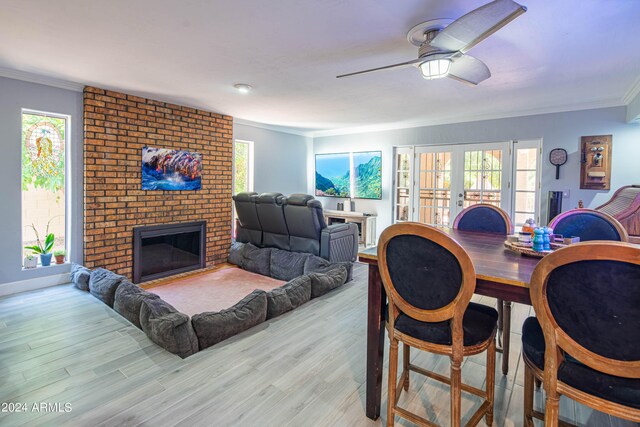 living room featuring a fireplace, plenty of natural light, light hardwood / wood-style flooring, and ceiling fan