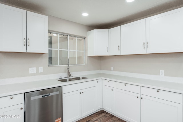 6223 W Earll Dr, Phoenix, AZ 85033 - kitchen featuring stainless steel dishwasher, recessed lighting, white cabinetry, light countertops, and dark wood-style floors