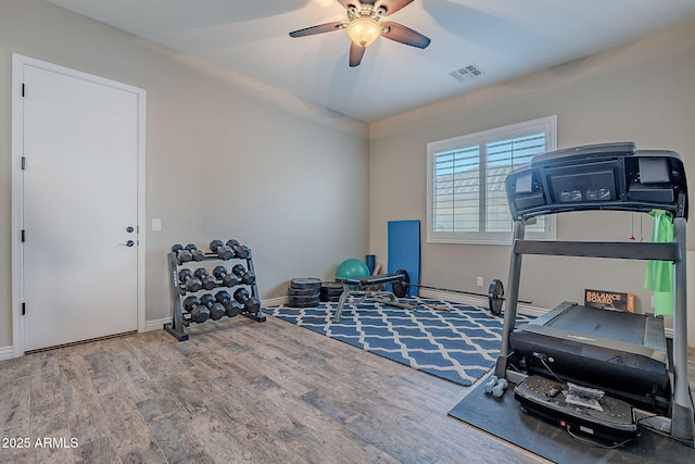 exercise room with hardwood / wood-style flooring and ceiling fan