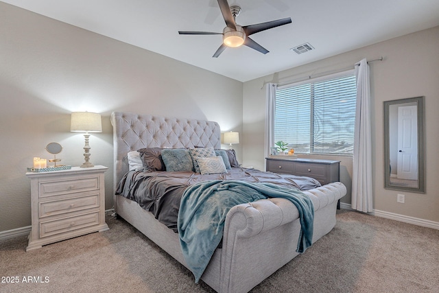 bedroom featuring ceiling fan and light colored carpet