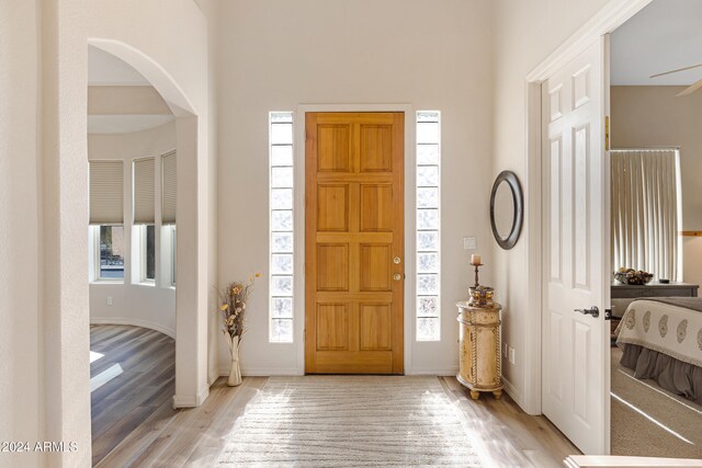 entryway featuring light hardwood / wood-style floors and ceiling fan