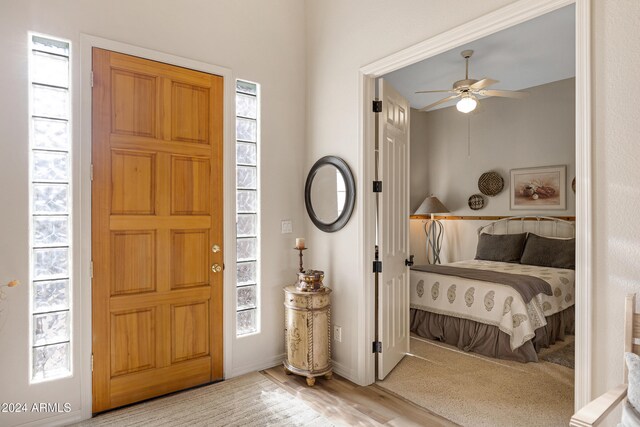 foyer entrance with plenty of natural light, light hardwood / wood-style floors, and ceiling fan