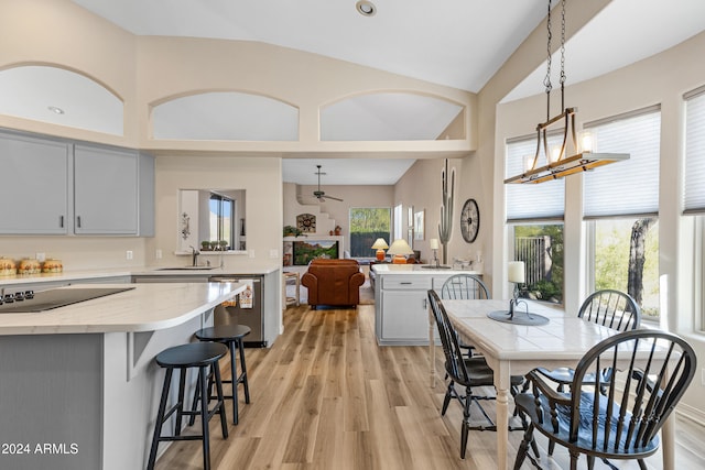 dining space featuring sink, ceiling fan, vaulted ceiling, and light hardwood / wood-style floors