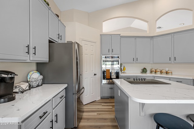 kitchen featuring stainless steel appliances, light hardwood / wood-style floors, gray cabinetry, and vaulted ceiling