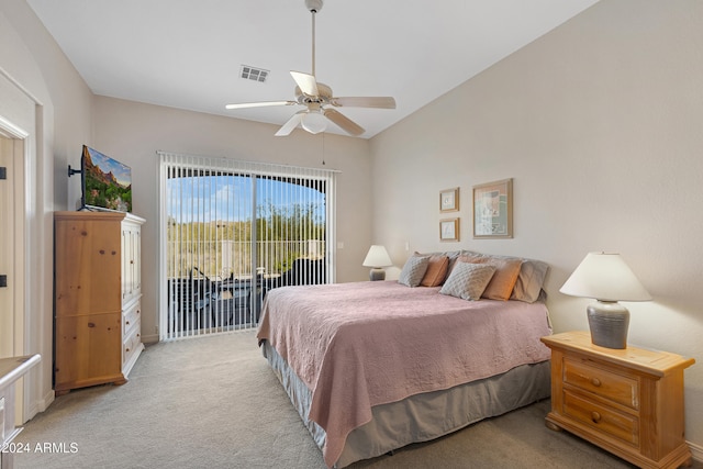 bedroom featuring light colored carpet, ceiling fan, vaulted ceiling, and access to outside