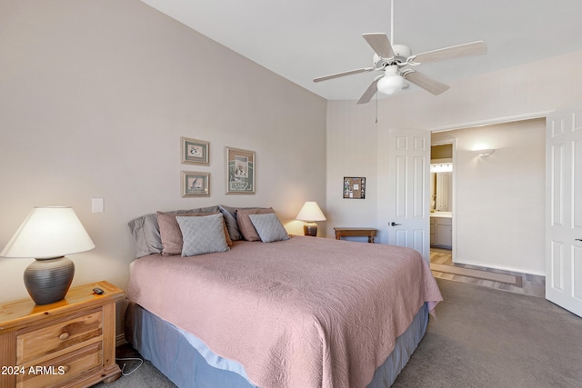 bedroom with connected bathroom, carpet, and ceiling fan