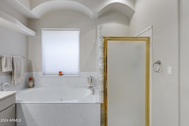 bathroom with a wealth of natural light, vanity, and shower with separate bathtub