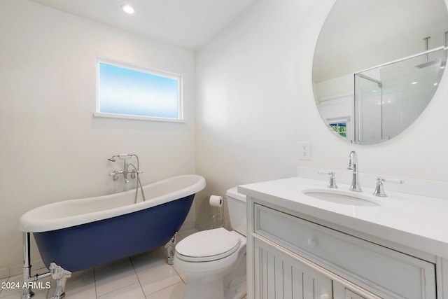 full bathroom featuring tile patterned flooring, vanity, toilet, and independent shower and bath