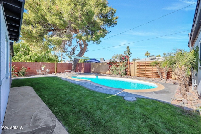 view of swimming pool featuring a yard